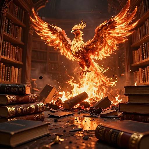 Surreal Phoenix Rising from Burning Library