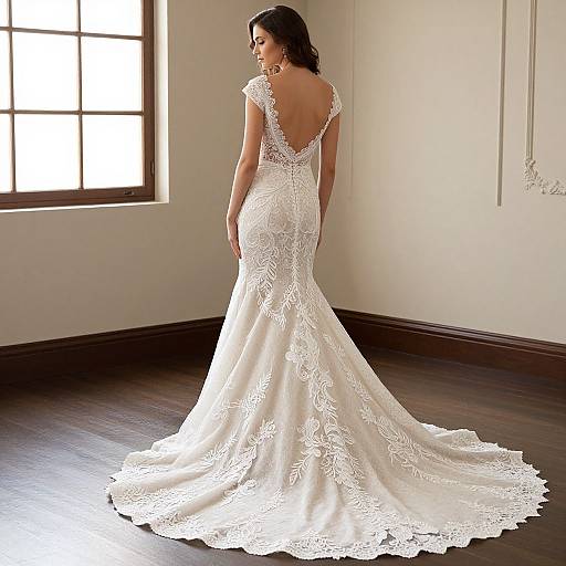 Photograph of a woman with dark hair in a white lace backless wedding gown with a long train, standing in a sunlit room with wooden floors