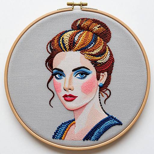 Colorful cross-stitch portrait of a woman with blue eyes, red lips, and brown hair in an elegant updo, in a wooden hoop frame
