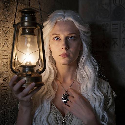 Photograph of a pale-skinned woman with long white hair, holding a lit antique lantern, wearing a textured gray shirt and a silver necklace, against