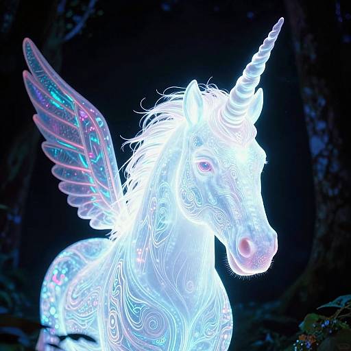 Glowing neon white unicorn with translucent wings in a dark forest, illuminated by colorful light patterns, creating a magical, ethereal effect.