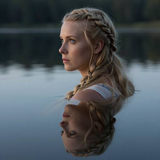 Photograph of a blonde woman with braided hair, blue eyes, and reflective water background, showing her profile and reflection.
