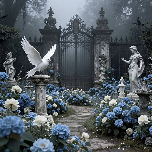 Photograph of a misty garden with white statues, blue and white hydrangeas, a flying white dove, and an ornate iron gate.