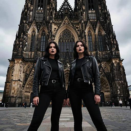 Photograph of two dark-haired, pale-skinned individuals in black leather jackets and pants, standing confidently in front of a Gothic cathedral. Overcast sky
