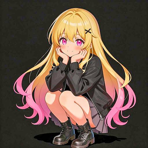 Blonde Anime Girl with Pink-Tipped Hair Squatting