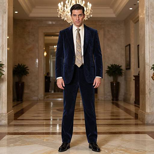 Photograph of a serious-looking man in a dark blue velvet suit with a white shirt and gold patterned tie, standing in a luxurious, marble-f