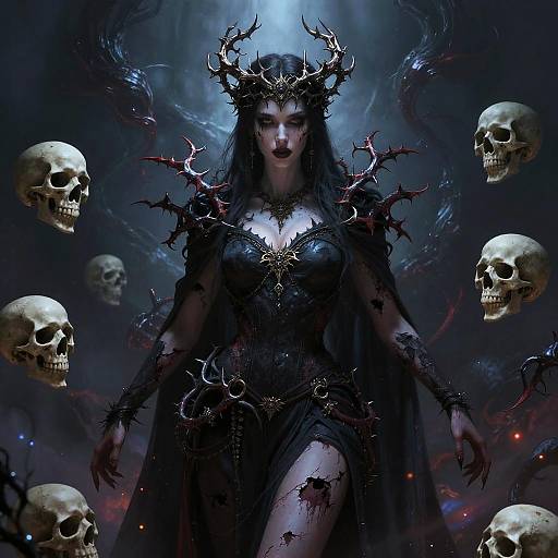 Digital artwork of a dark, demonic queen with horns, black dress, and skulls floating around her in a dark, eerie blue atmosphere.