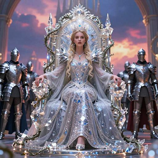 Photograph of a blonde queen in a sparkling silver gown and crown, seated on an ornate throne, surrounded by armored guards in a grand, lit