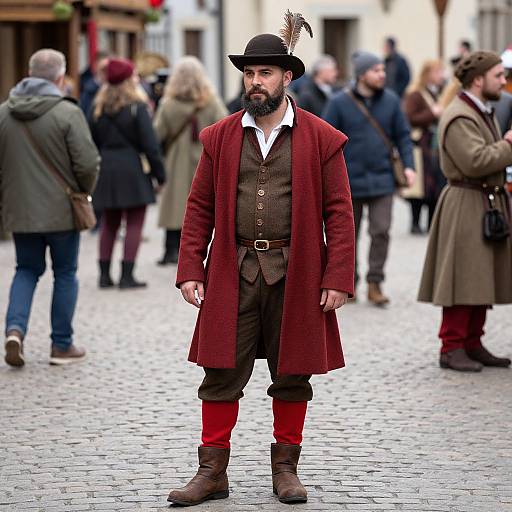 Man in Medieval Costume on Cobblestone Street