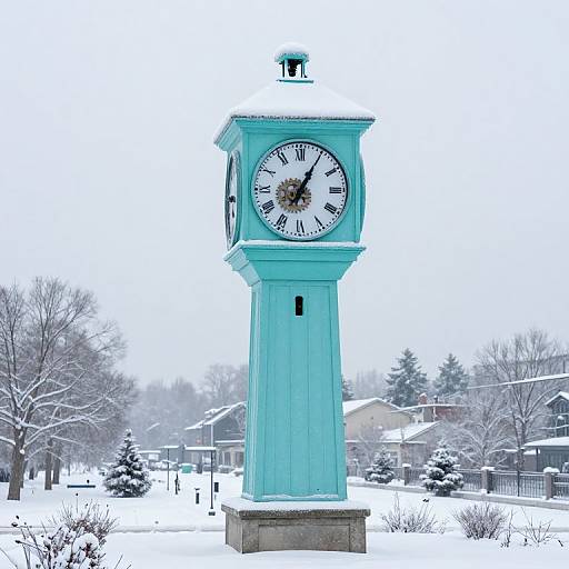 Photograph of a turquoise clock tower standing in a snowy suburban neighborhood, with bare trees and houses in the background.