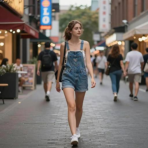 Photograph of a young woman in denim overalls and white sneakers walking down a bustling urban street at dusk, surrounded by blurred pedestrians and brightly lit storefront