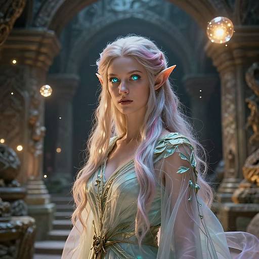 Digital fantasy artwork of a beautiful, blue-eyed, white-haired elven woman with pointed ears, wearing a shimmering, leaf-adorned dress in