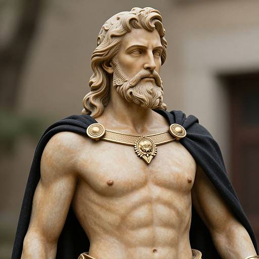 Photograph of a detailed stone statue of a muscular, bearded man with wavy hair, wearing a black cape and ornate gold necklace, with
