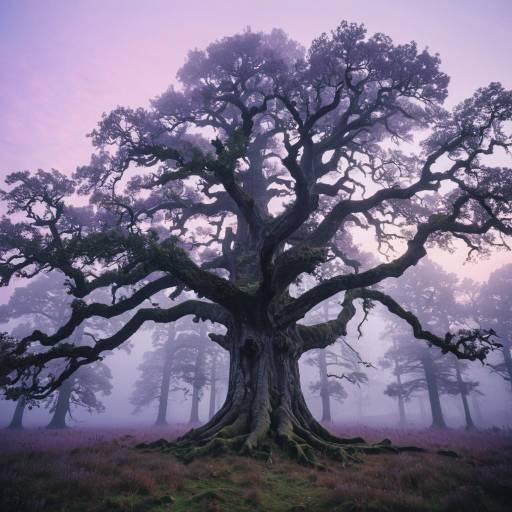 Ancient Oak Tree in Misty Morning Forest