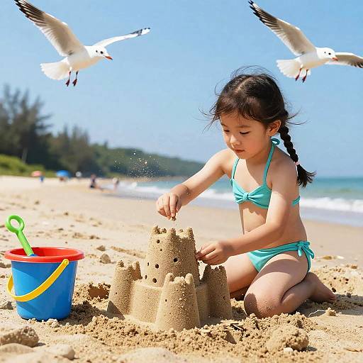 Photograph of an Asian girl in a turquoise bikini, building a sandcastle on a sunny beach, with seagulls flying overhead and a blue bucket