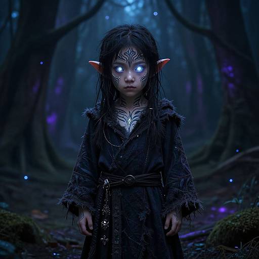 Digital artwork of a glowing-eyed, dark-haired, elf-like child with intricate facial tattoos, wearing a fur cloak, standing in a mystical, blue-l