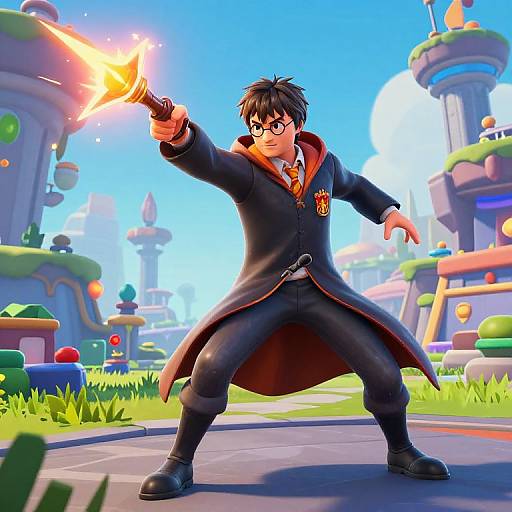 CGI image of a young wizard with black hair and glasses, wearing a dark robe, casting a bright orange firebolt in a colorful, whimsical
