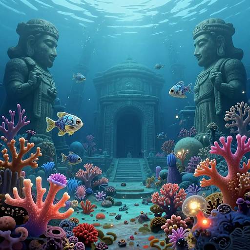 Digital art of an underwater scene with colorful coral, two ancient stone statues, a temple, and fish, illuminated by sunlight.