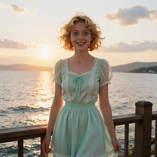 Young Woman in Vintage Dress by Lake at Sunset