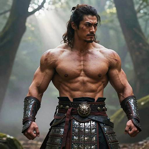 Photorealistic CGI of a muscular, shirtless warrior with dark hair, forest background, wearing armored bracers and metal skirt, scars on chest.