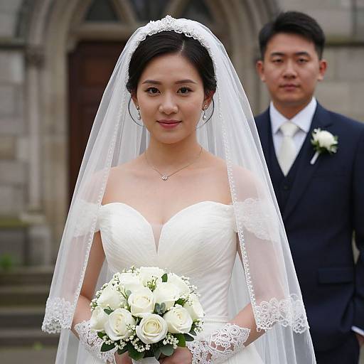 Photograph of an Asian bride in a white off-shoulder dress, veil, and holding a white rose bouquet, with groom in black suit,
