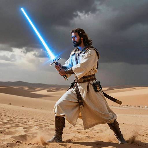 Photograph of a bearded man with dark hair, wearing a white desert robe and boots, wielding a glowing blue lightsaber in a sandy desert under