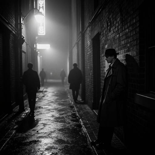 Black-and-white photograph of a foggy, wet alley at night. Silhouetted figures in dark coats and hats walk, illuminated by glowing signs