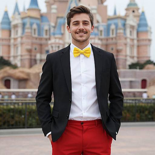 Photograph of a smiling young man with dark hair, wearing a black suit, white shirt, yellow bow tie, and red pants, standing in front