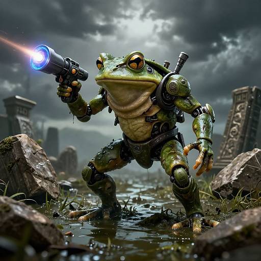 Digital artwork of a green frog wearing cybernetic armor, wielding a glowing blue laser gun, standing in a muddy, ruined landscape with cloudy skies.