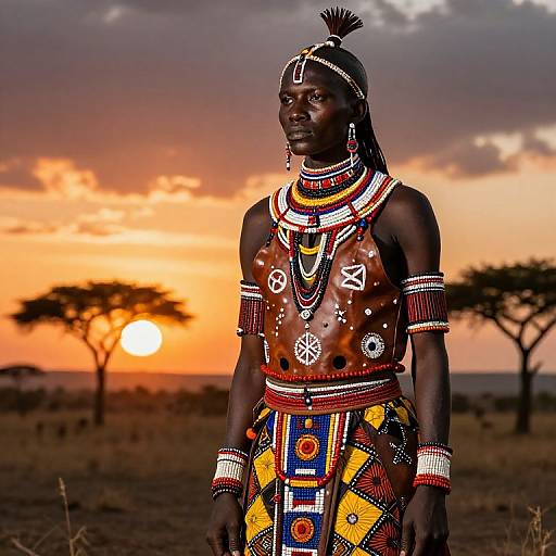 Photograph of a dark-skinned African woman in traditional Maasai attire, adorned with colorful beads and patterns, standing at sunset in a savanna