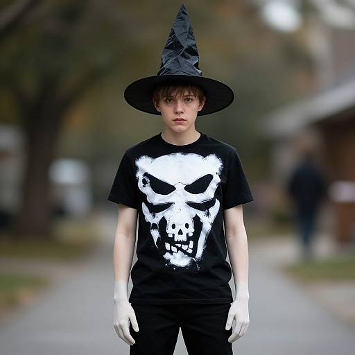 Young man in black witch hat, black t-shirt with white skull graphic, white gloves, standing on suburban street; blurred background.