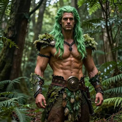 Photorealistic CGI of a muscular, green-haired man in forest, wearing furry shoulder armor and leafy loincloth, with a serious expression.
