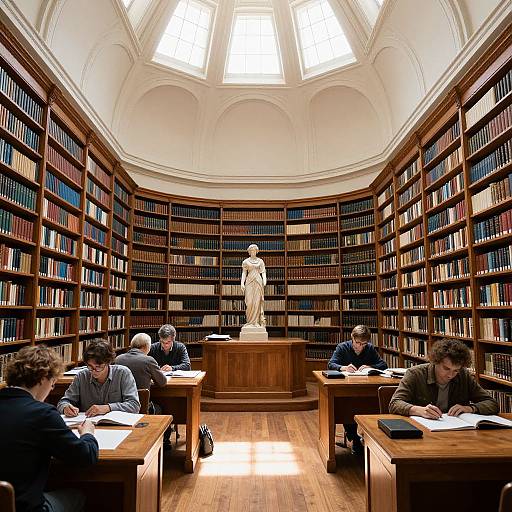 Photograph of a grand library room with tall wooden bookshelves, six students studying at wooden desks, and a white marble statue on a pedestal at