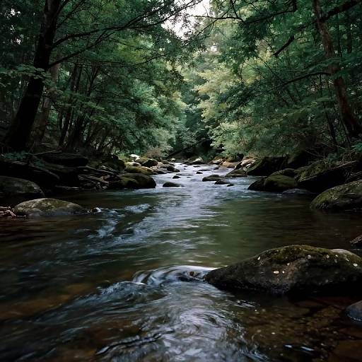 Photograph of a serene, forested creek with clear, flowing water over smooth rocks, surrounded by lush, green trees and dappled sunlight.