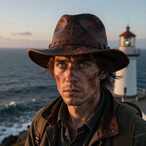 Photograph of a rugged, dirty-faced man with blue eyes, wearing a worn brown hat and dark jacket, standing by a coastal lighthouse at sunset