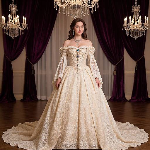 Photograph of a brunette woman in an off-shoulder, cream lace wedding gown with long sleeves, standing in an elegant room with dark curtains and
