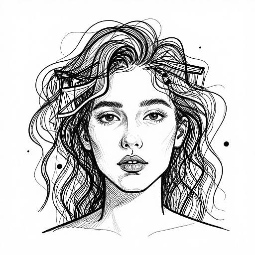 Black-and-white ink drawing of a wavy-haired woman with soft, expressive features, slightly parted lips, and a calm gaze, with intricate line work