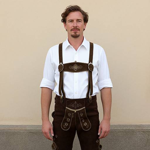 Photograph of a white man with curly brown hair and beard, wearing a white shirt, black leather suspenders, and patterned black pants, standing