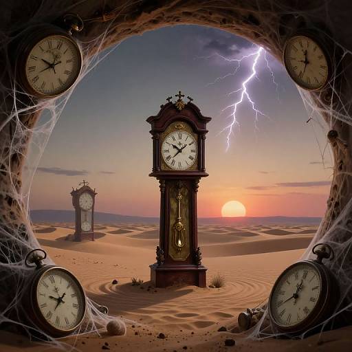 Photograph of a desert sunset with two vintage clocks, one central and one in the background, framed by webbed clock faces and lightning.