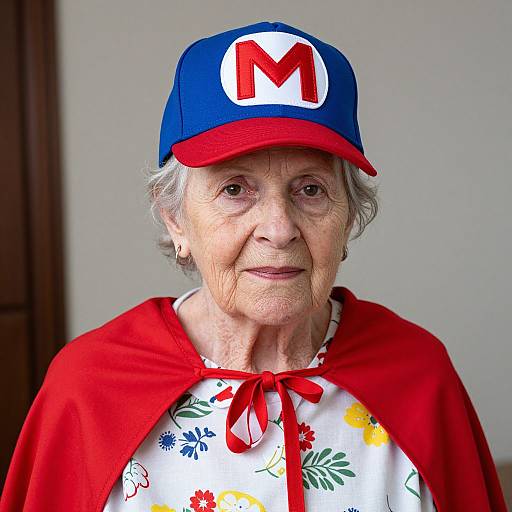 Photograph of an elderly woman with white hair, wearing a blue and red baseball cap with an 