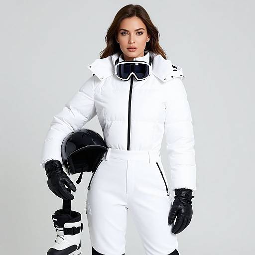 Photograph of a confident woman with dark hair, wearing a white winter parka, black gloves, and goggles, holding a black helmet.