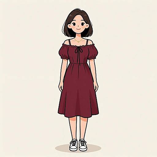 Digital drawing of a smiling Asian woman with short black hair, wearing an off-shoulder maroon dress and white sneakers, standing against a plain white