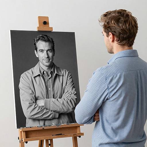 Man Observing Black-and-White Portrait on Easel