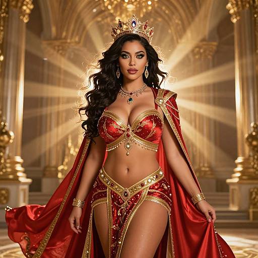 Photograph of a regal woman with long black hair, wearing a gold crown, red and gold bejeweled bikini, and red cape,