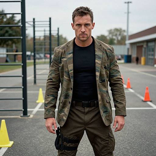 Photograph of a muscular, serious-looking man in a camouflage blazer, black shirt, brown pants, and holding a gun, standing on an outdoor