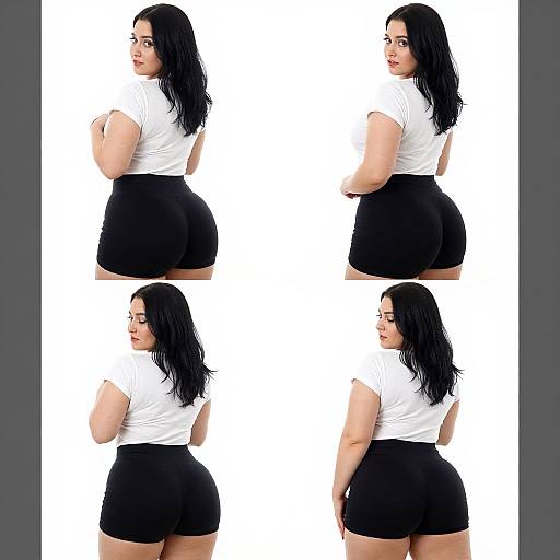 Photograph of a curvy Latina woman with long black hair, wearing a white t-shirt and black shorts, shown from four different angles against a white