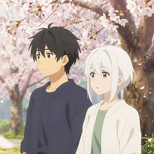 Anime-style drawing of a black-haired boy in a dark shirt and a white-haired girl in a white jacket, standing under blooming cherry blossoms.