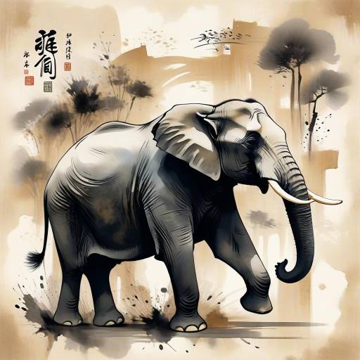 Majestic Elephant in Ink Wash Style