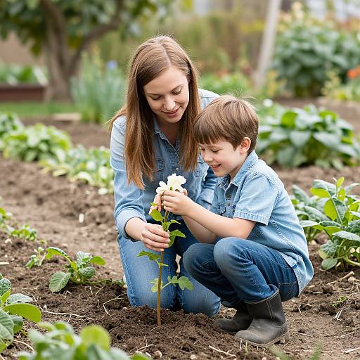 Mother and Son in Vibrant Garden
