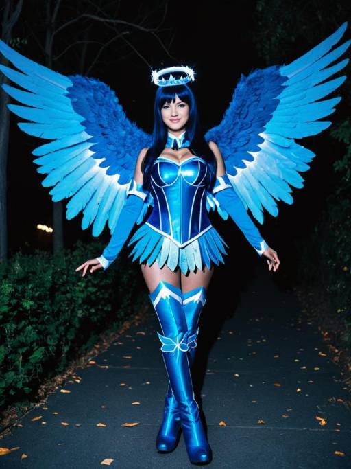 Woman in Blue Angel Wings Cosplay Costume